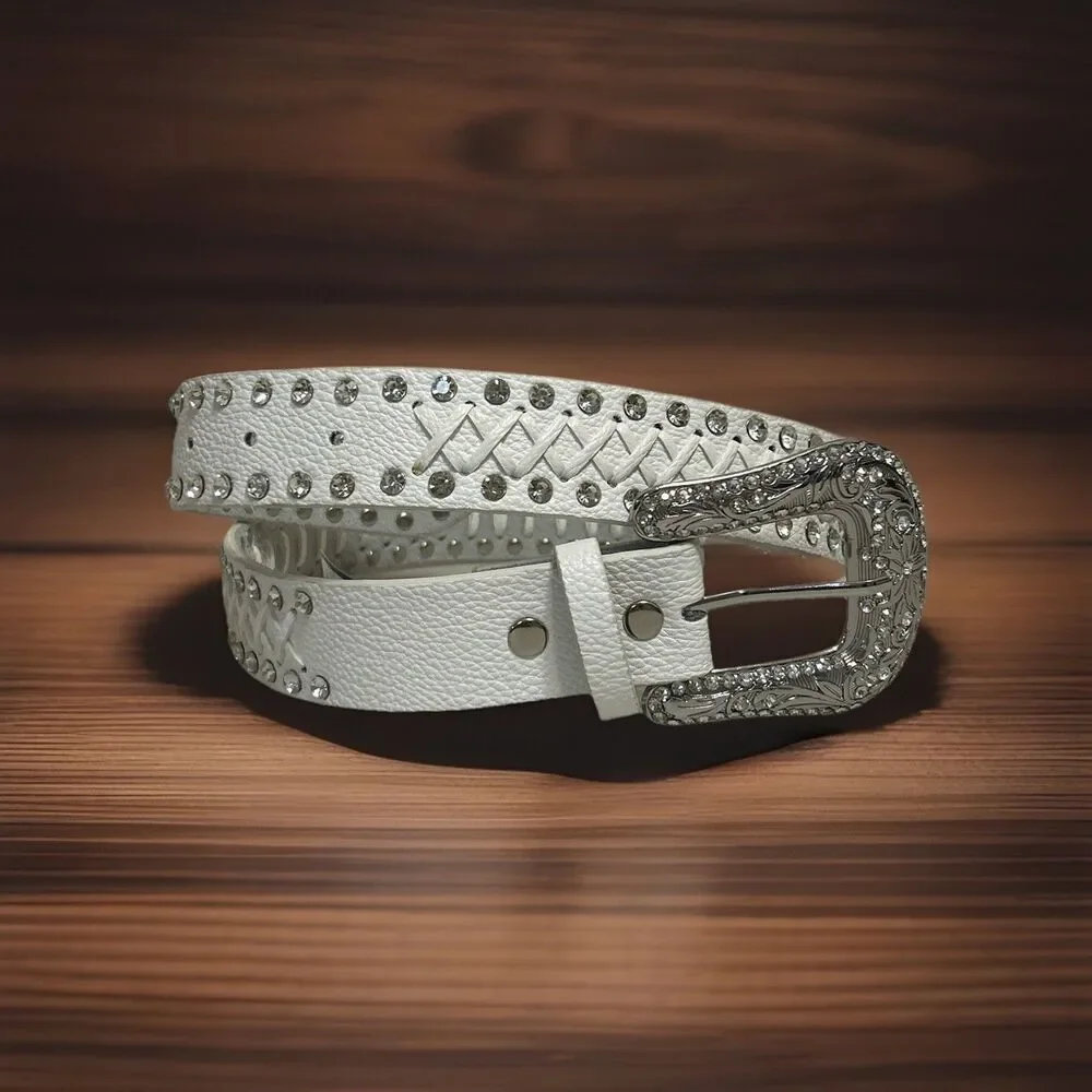 BKE White Leather Rhinestone Western Studded Glitz Belt Womens Size Small S 6Z81